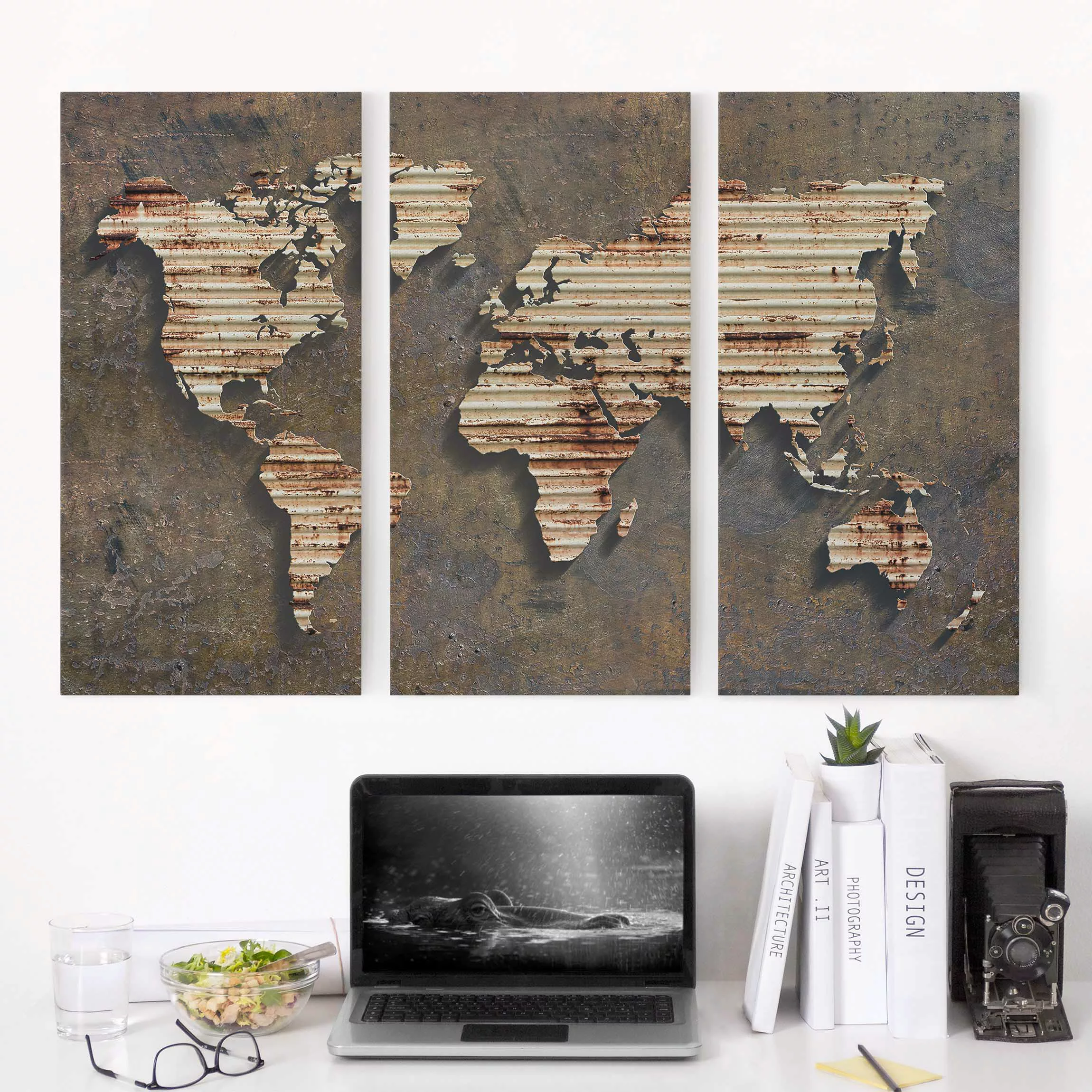 3-teiliges Leinwandbild Weltkarte - Querformat Rost Weltkarte günstig online kaufen