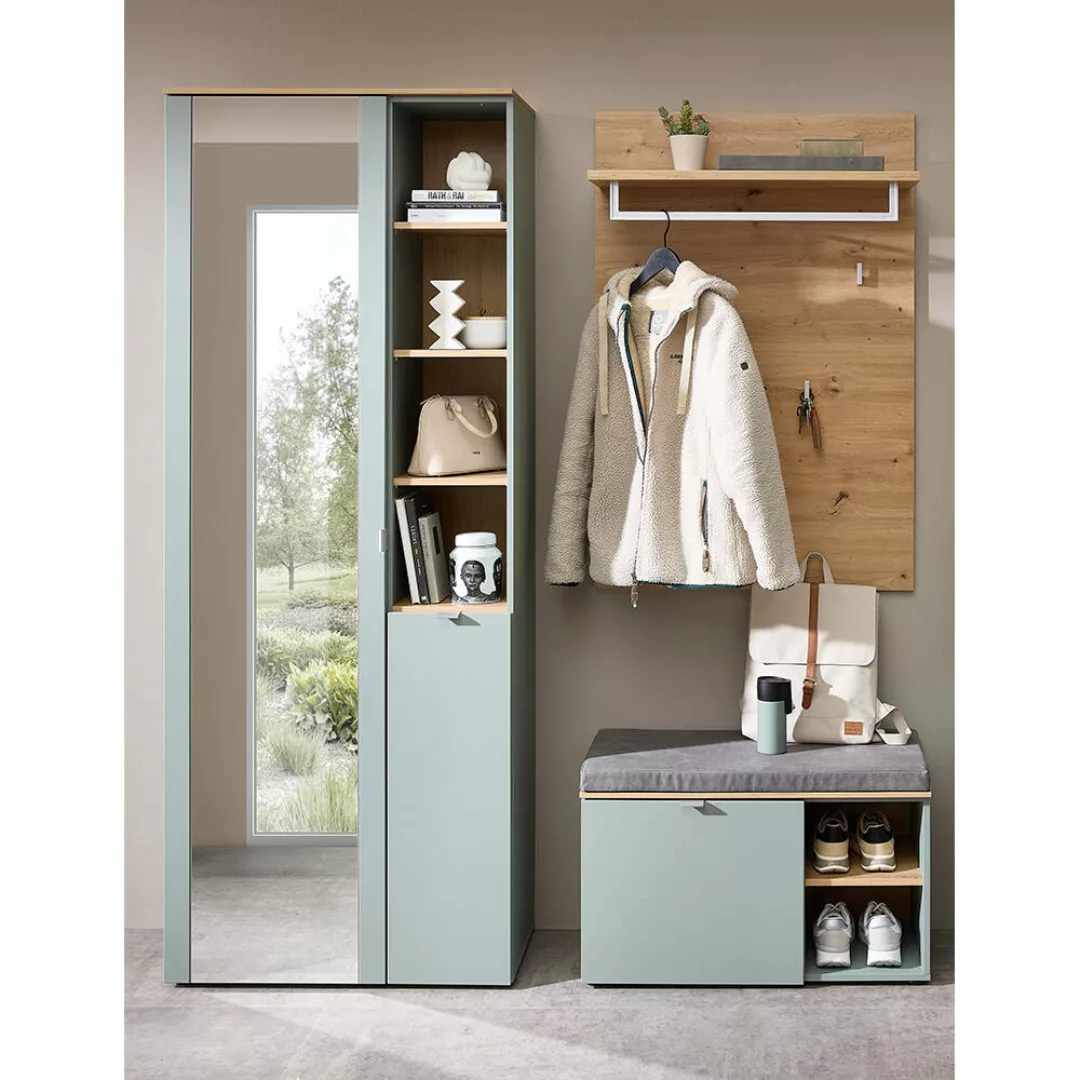 Garderobe modern 3-teilig mit Garderobenpaneel grün matt mit Eiche BLISS-36 günstig online kaufen