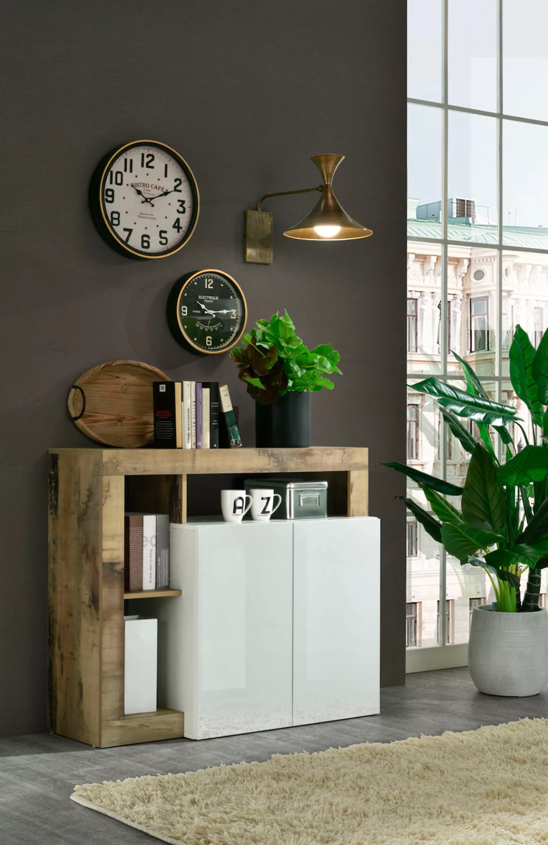 Sideboard mit 2 Türen & 3 Ablagen - Weiß lackiert & Eichefarben - SEFRO günstig online kaufen