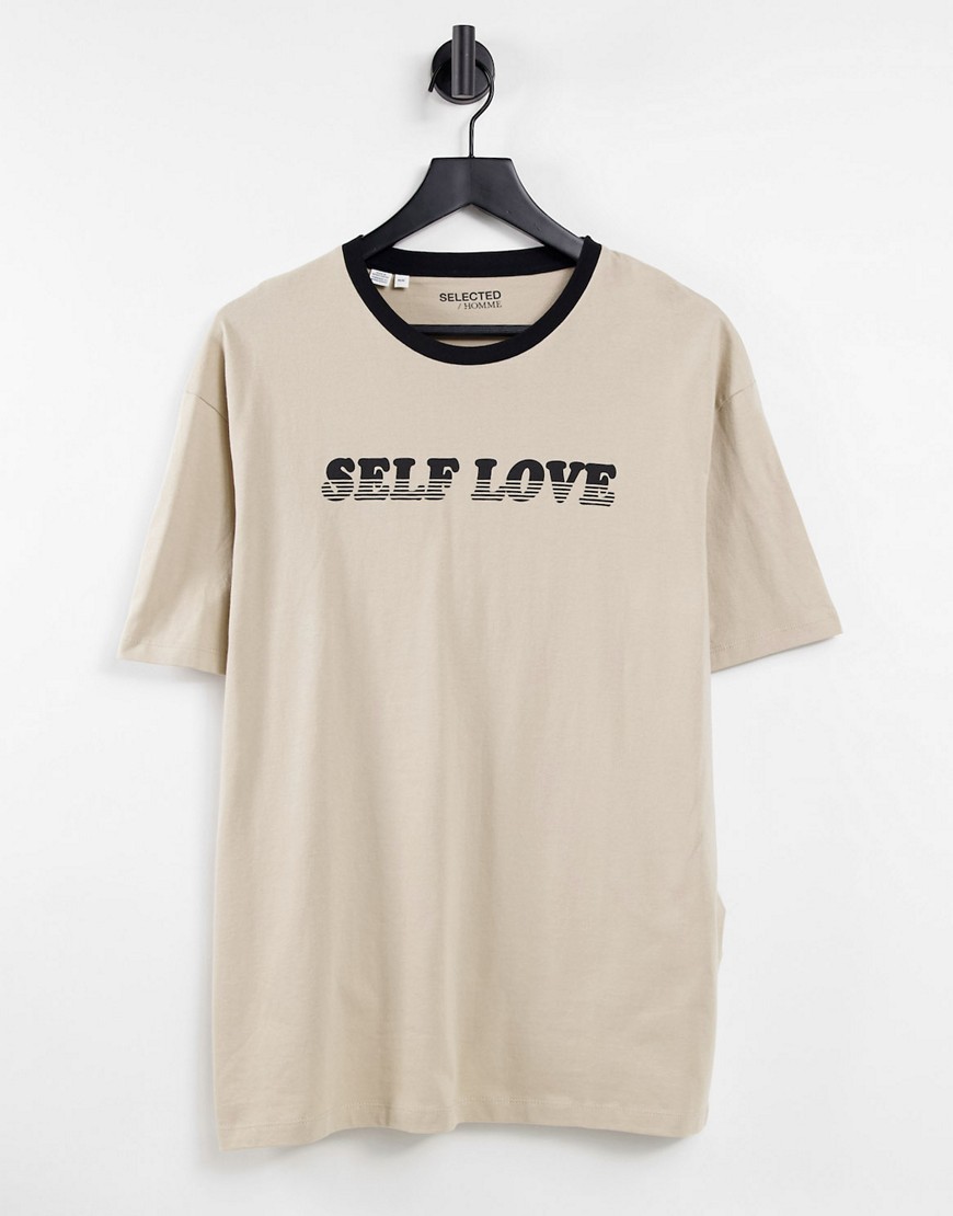 Selected Homme – Oversize-T-Shirt aus Bio-Baumwollmix in Sand mit „Self Lov günstig online kaufen