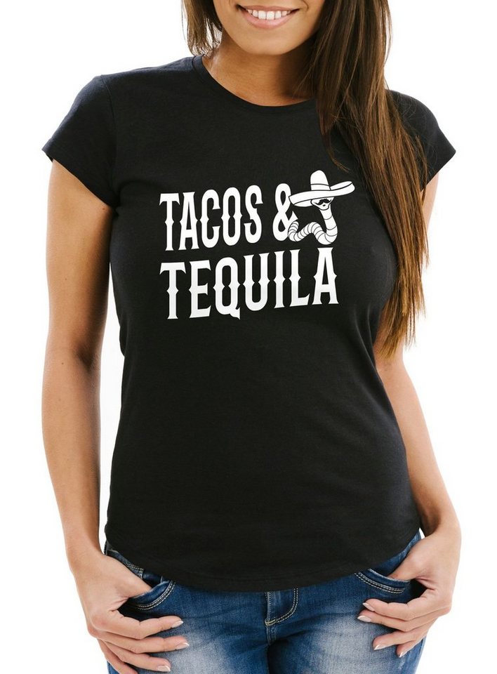 MoonWorks Print-Shirt Damen T-Shirt Tacos & Tequila Wurm Sombrero Tequilla günstig online kaufen