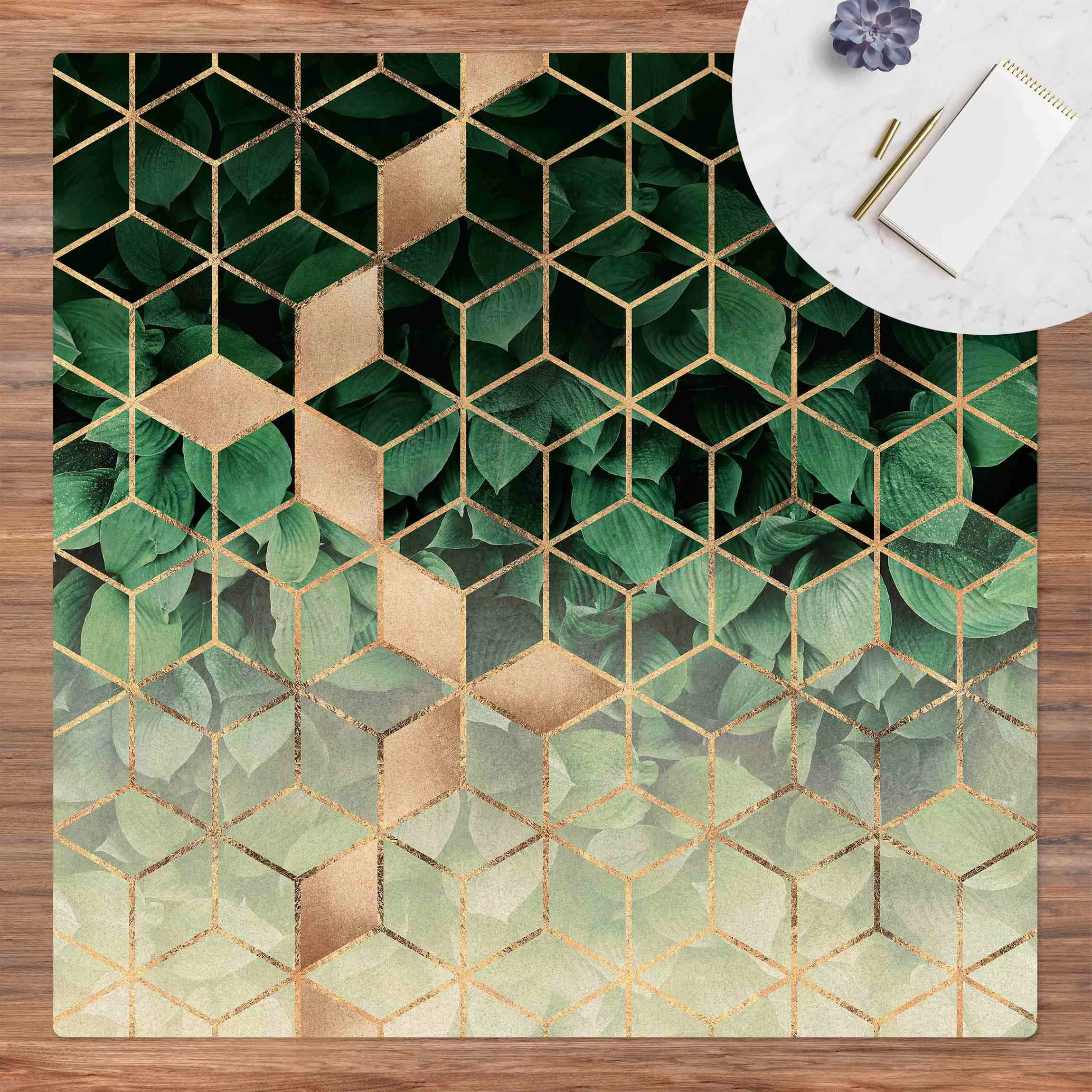Kork-Teppich Grüne Blätter goldene Geometrie günstig online kaufen