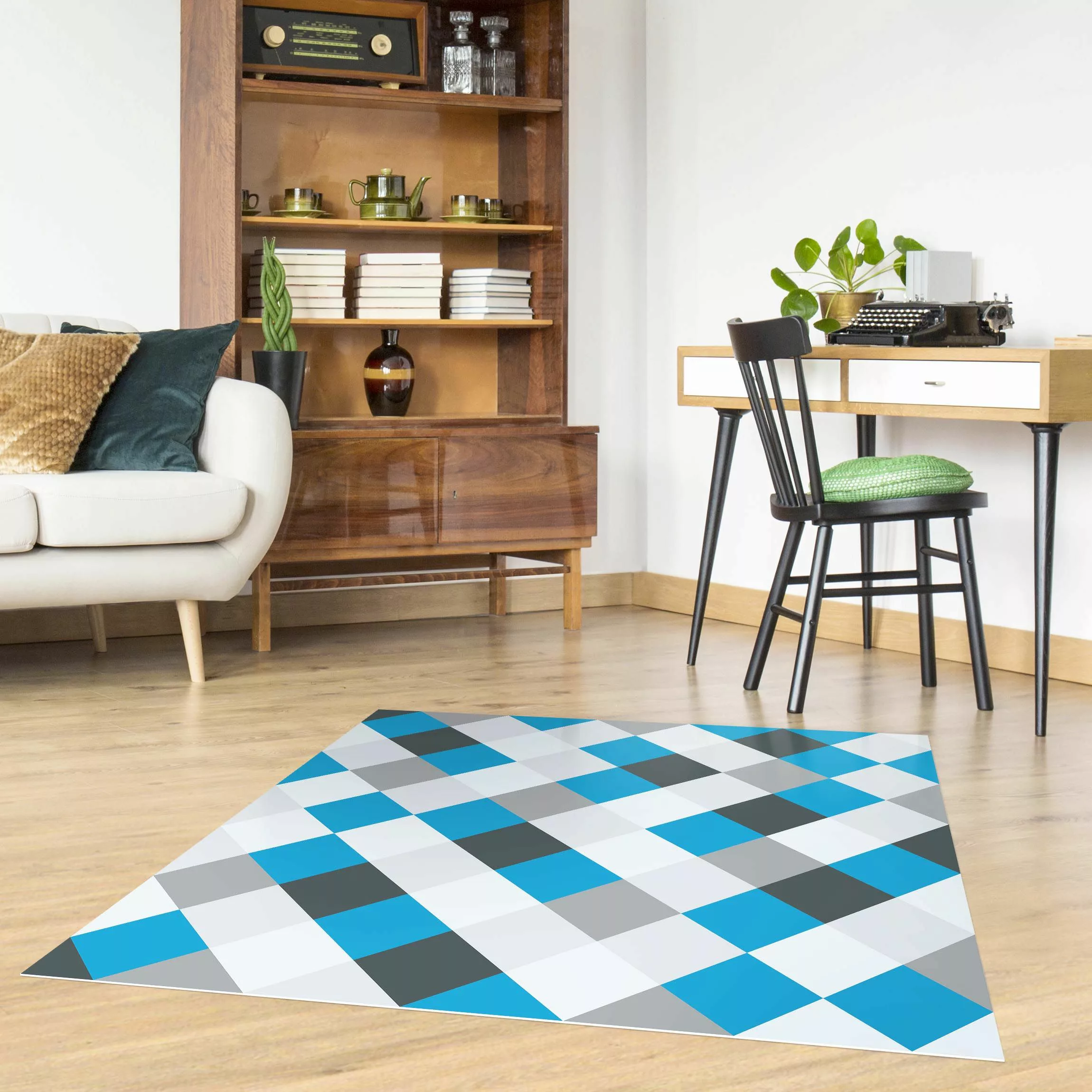 Vinyl-Teppich Geometrisches Muster gedrehtes Schachbrett Blau günstig online kaufen