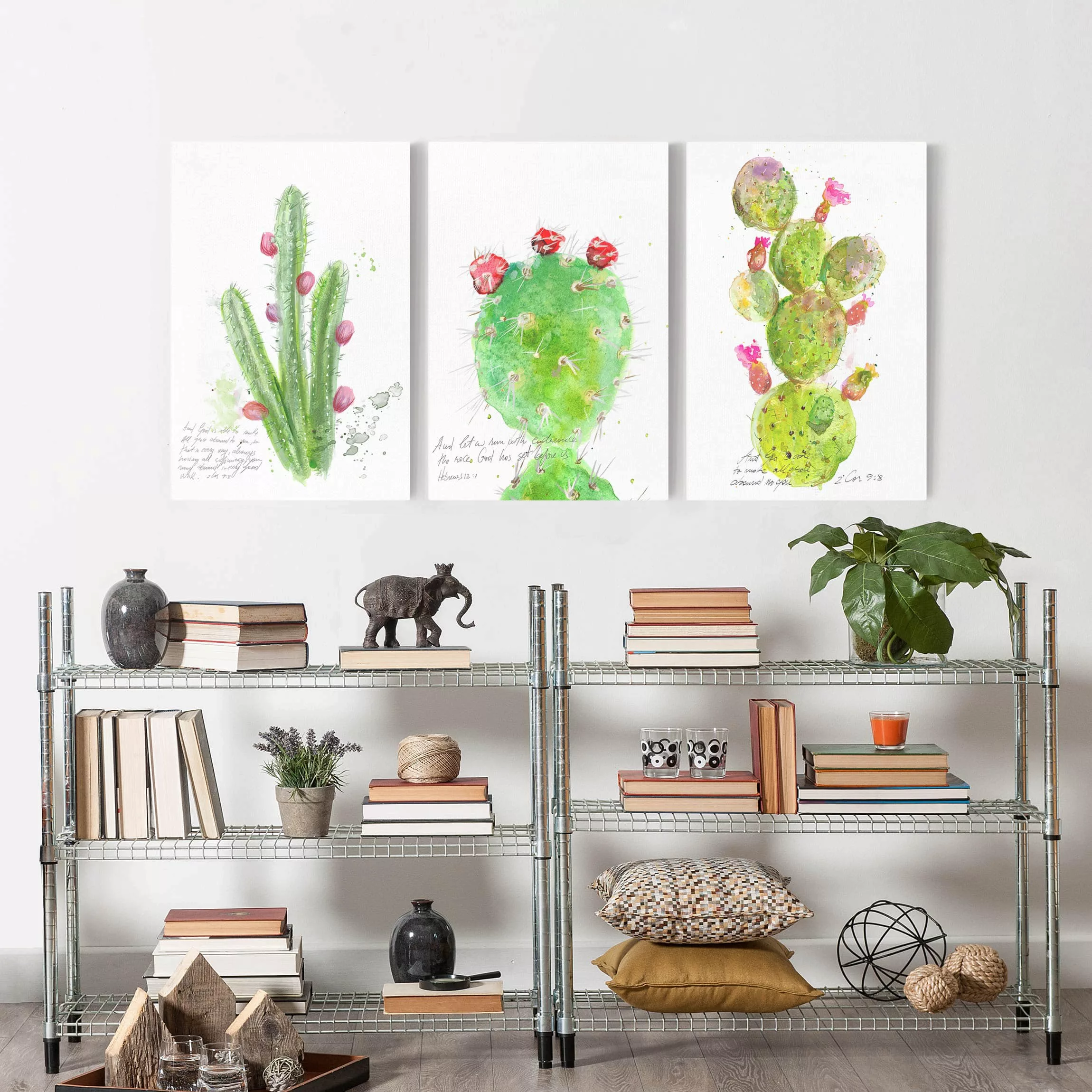 3-teiliges Leinwandbild Spruch - Hochformat Kaktus mit Bibelvers Set I günstig online kaufen