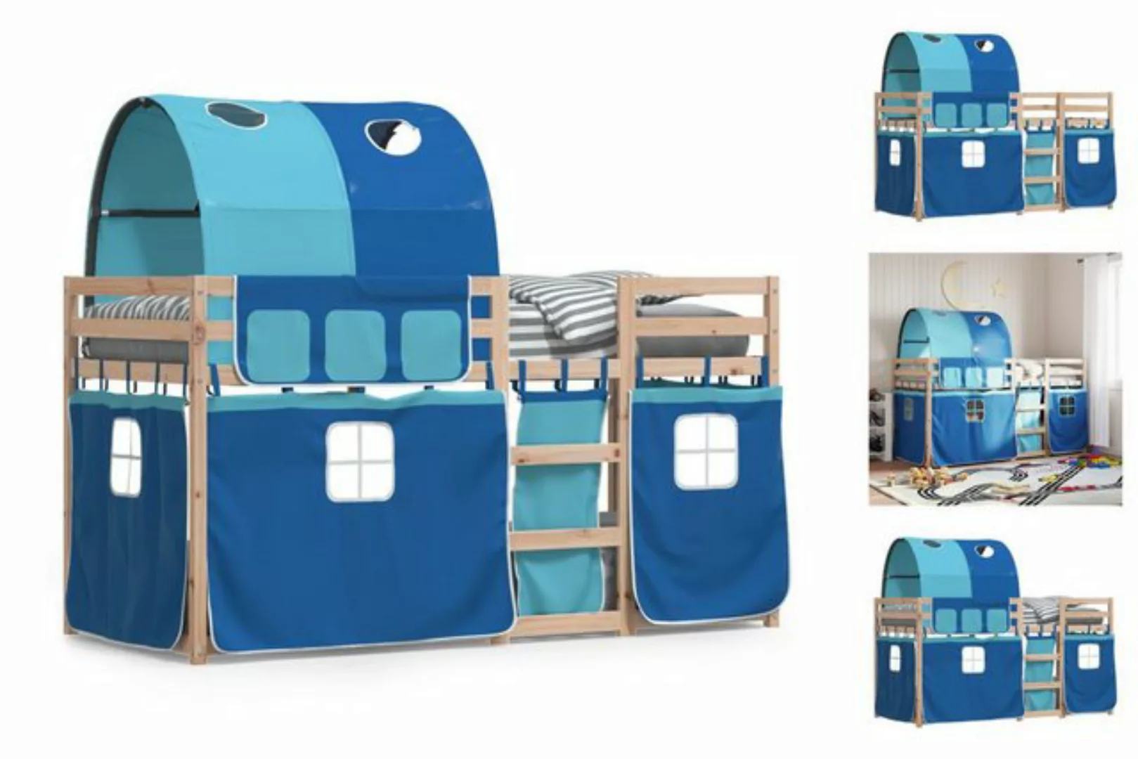 vidaXL Kinderbett Etagenbett mit Vorhängen Blau 90x190 cm Massivholz Kiefer günstig online kaufen