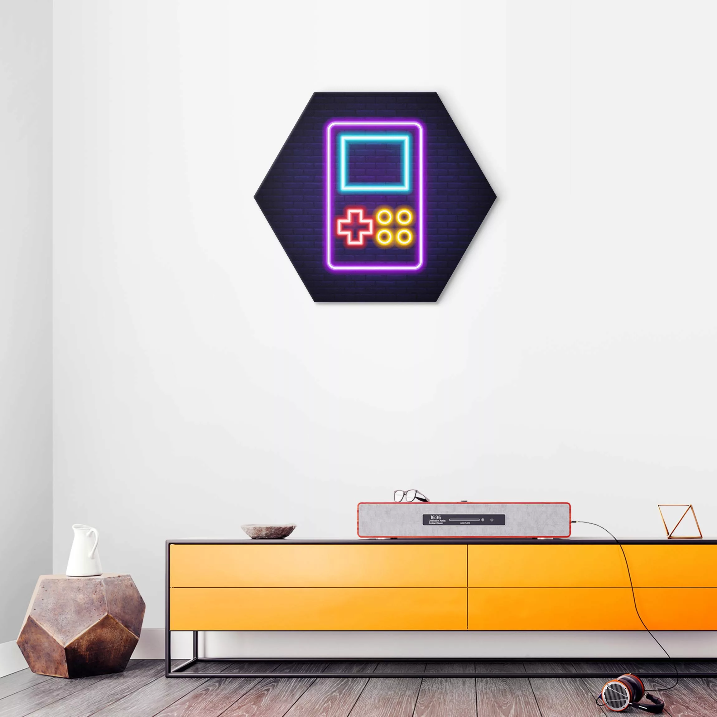 Hexagon-Alu-Dibond Bild Neon Klassik Konsole günstig online kaufen