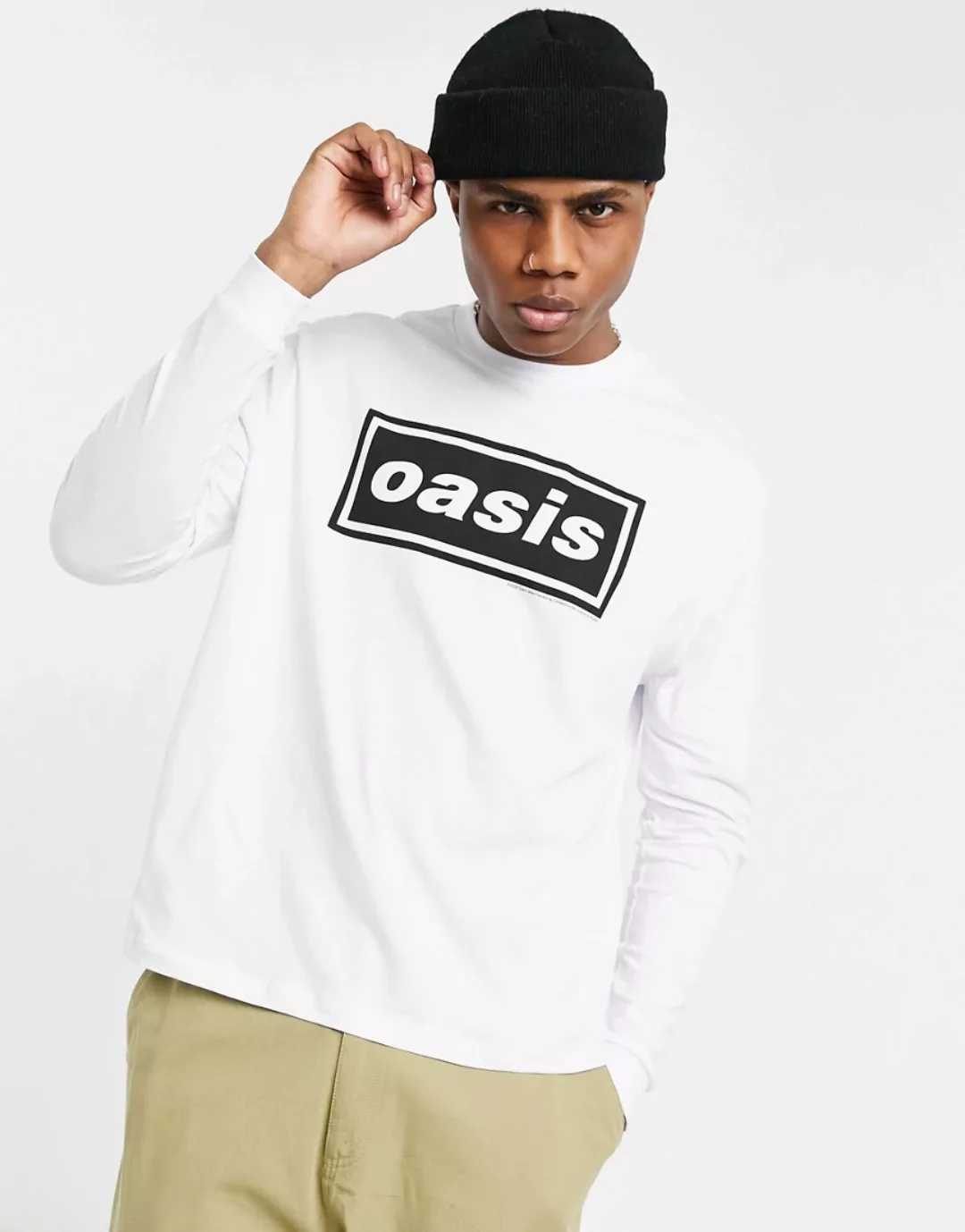 ASOS DESIGN – Oasis – Lockeres, langärmliges Shirt mit Print vorn in Weiß günstig online kaufen