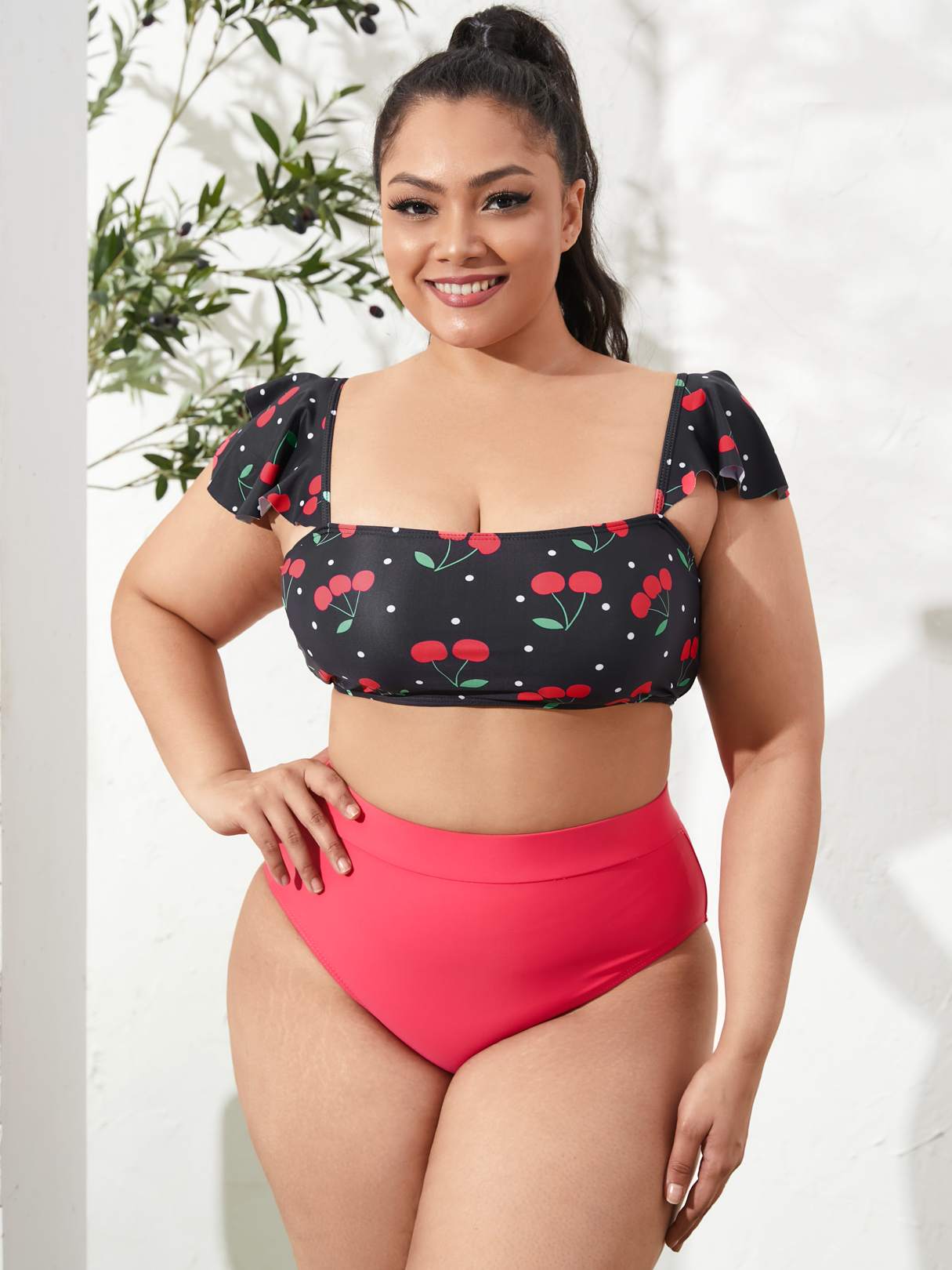 Plus Size Square Neck Print Rückenfreies Design Kurzarm Bikini Badeanzug günstig online kaufen