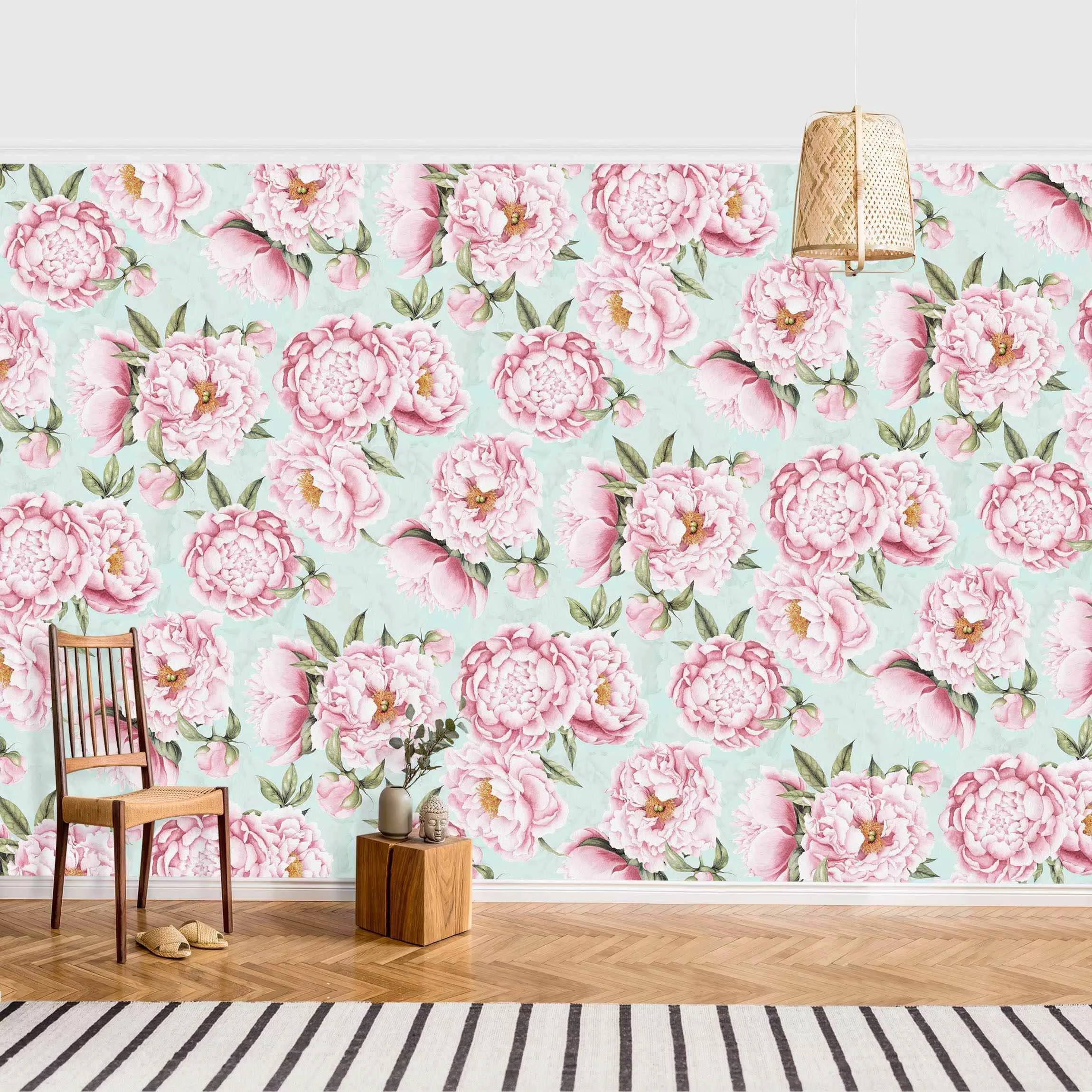 Mustertapete Rosa Blumen auf Mint als Aquarell günstig online kaufen