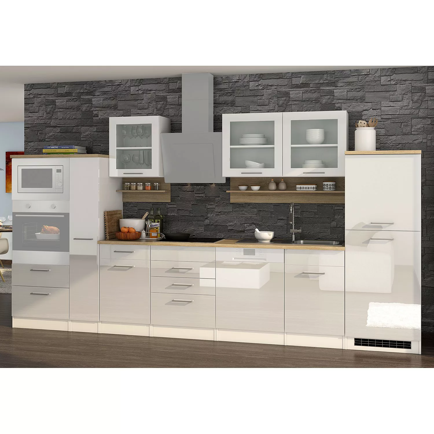 Held Möbel Küchenzeile Mailand 370 cm Grau Hochglanz-Grau Matt ohne E-Gerät günstig online kaufen