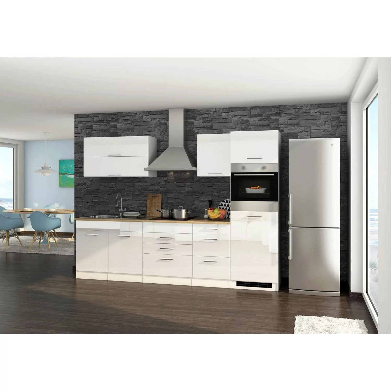 Held Möbel Küchenzeile Mailand 290 cm Grau Hochglanz-Grau Matt mit E-Geräte günstig online kaufen