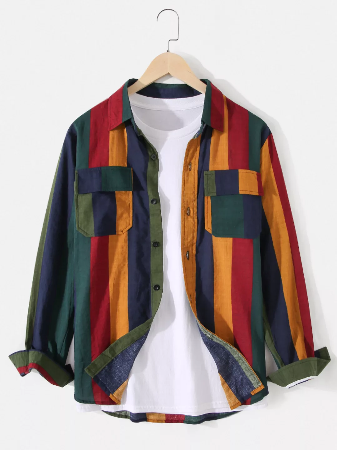Herren Colorful Streifen Casual Langarmhemden mit Klappentaschen günstig online kaufen