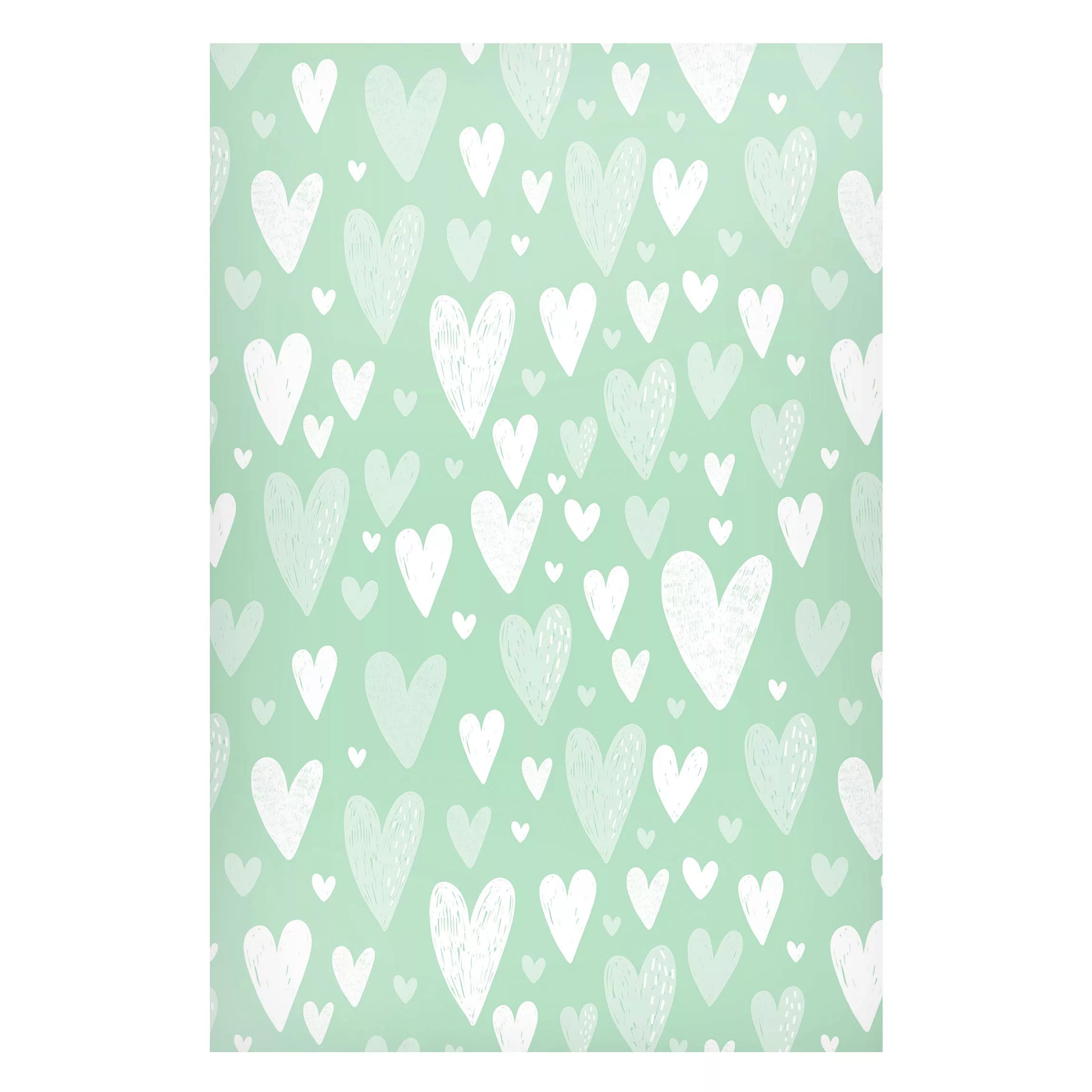 Magnettafel Kleine und große gezeichnete Weiße Herzen auf Grün günstig online kaufen