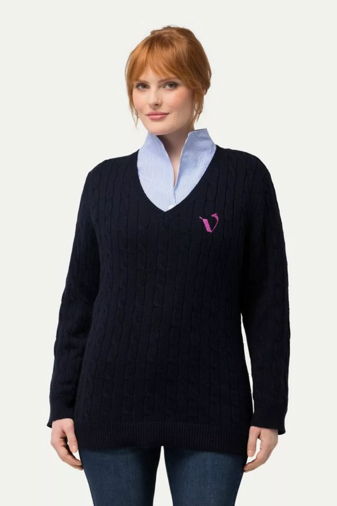 Ulla Popken Strickpullover Pullover Zopfmuster V-Ausschnitt Langarm günstig online kaufen