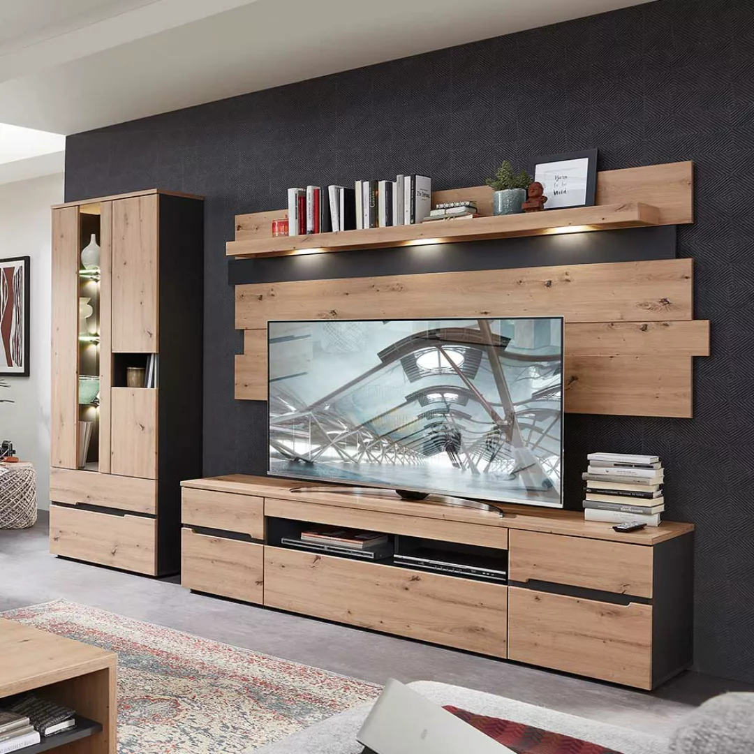 Wohnzimmer Anbauwand Holzoptik in Wildeichefarben Dunkelgrau (dreiteilig) günstig online kaufen