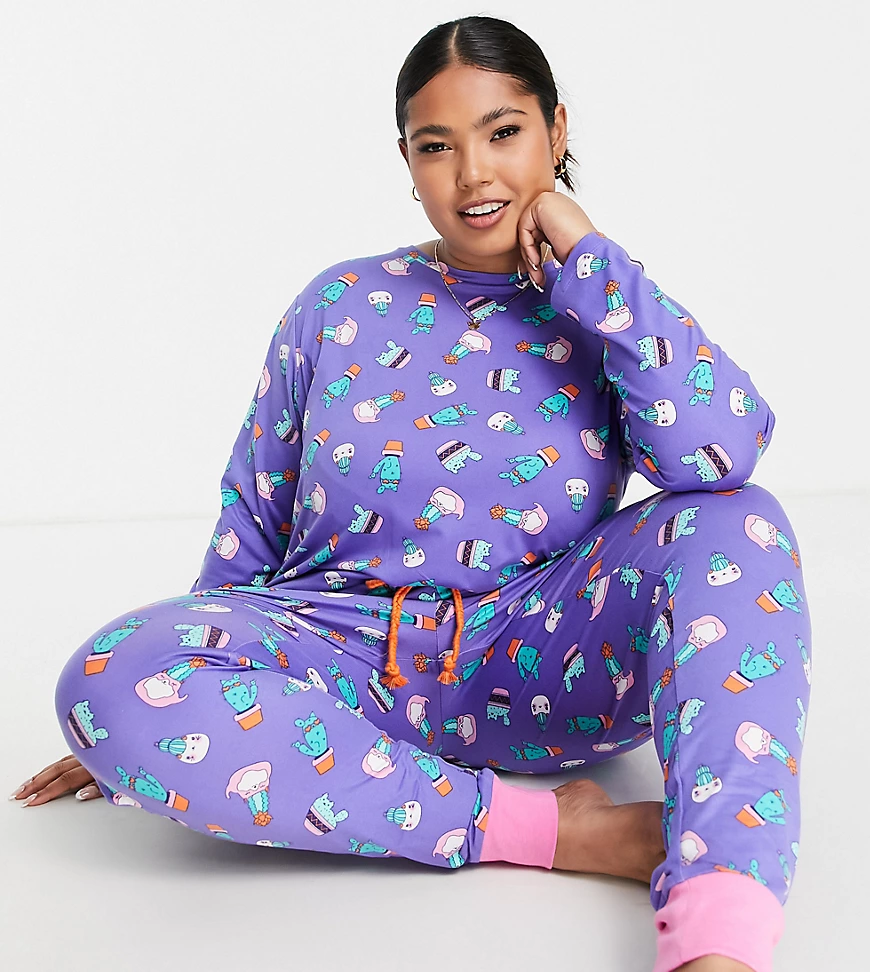 Chelsea Peers Plus – Langes Pyjama-Set mit Kaktus-Katzen-Design in Lila günstig online kaufen