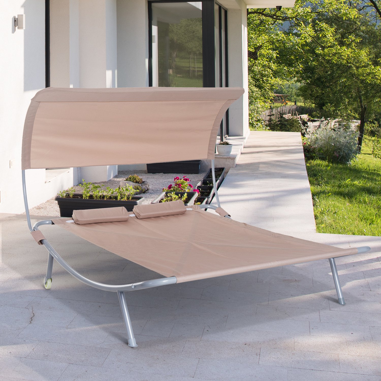 Outsunny Doppelliege Relaxliege mit Dach rollbar Stahl Beige   Aosom günstig online kaufen