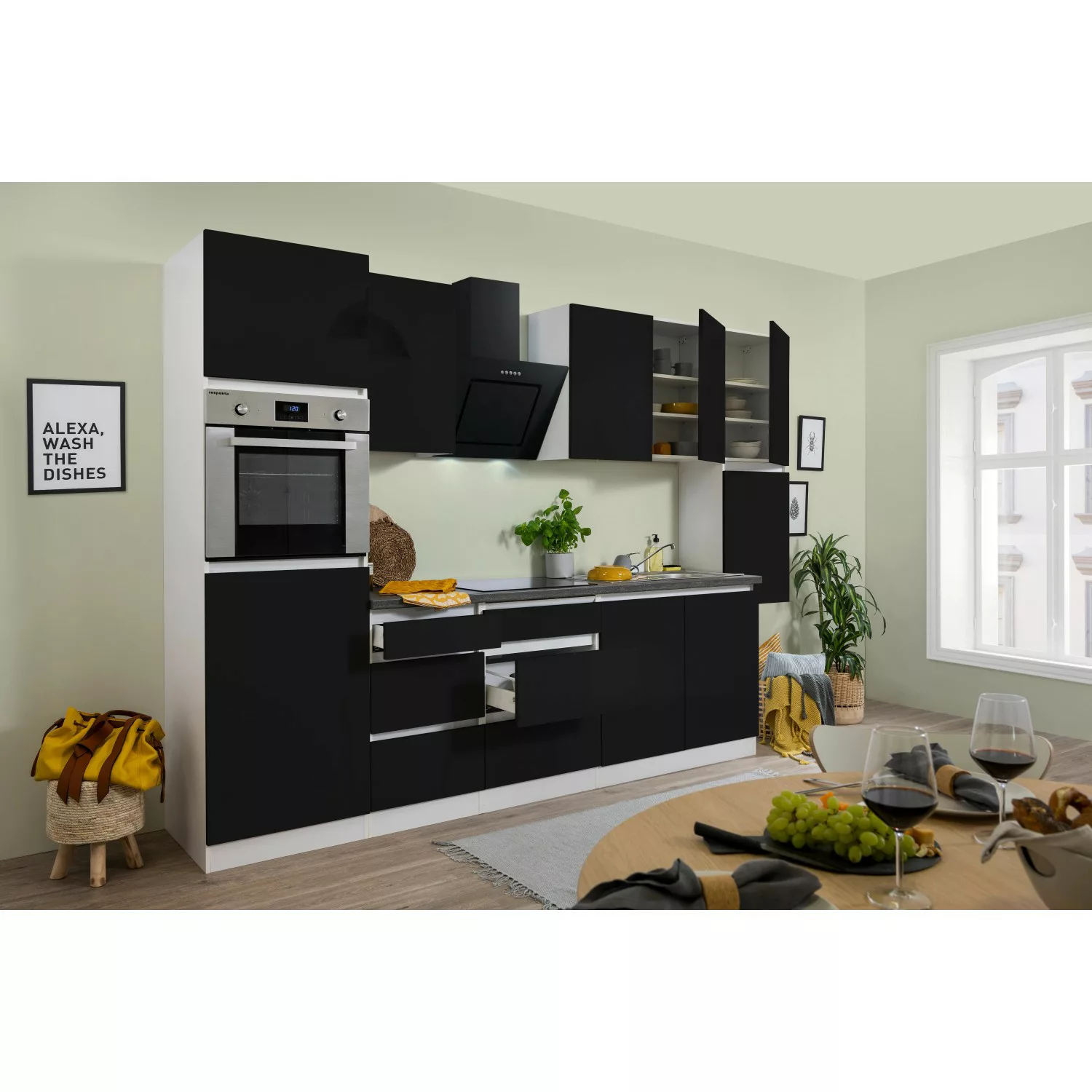Respekta Küchenzeile GLRP320HWS Grifflos 320 cm Schwarz Hochglanz-Weiß günstig online kaufen
