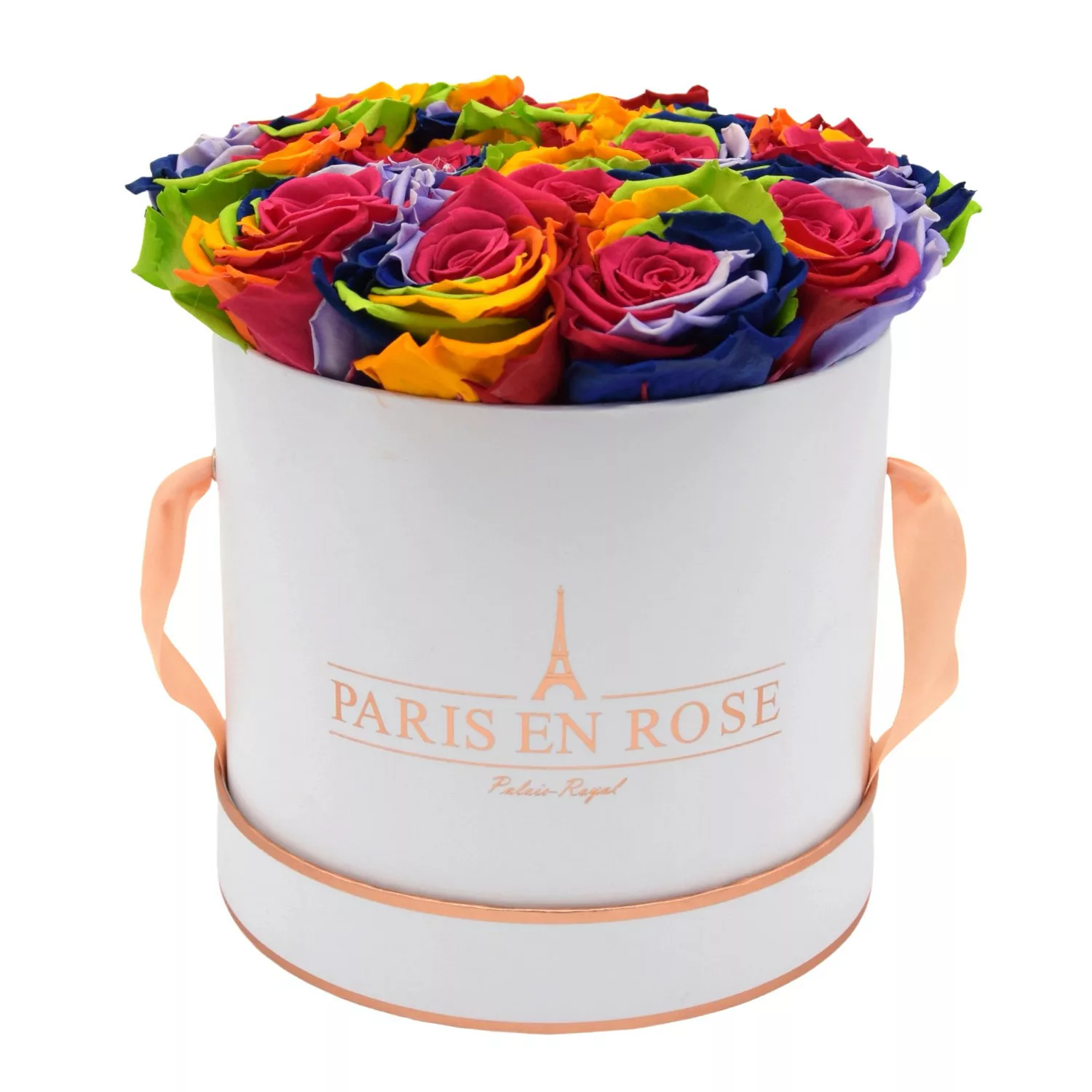 Rosenbox Ø 19 cm Weiß-Roségold mit 14 Rainbow Rosen günstig online kaufen