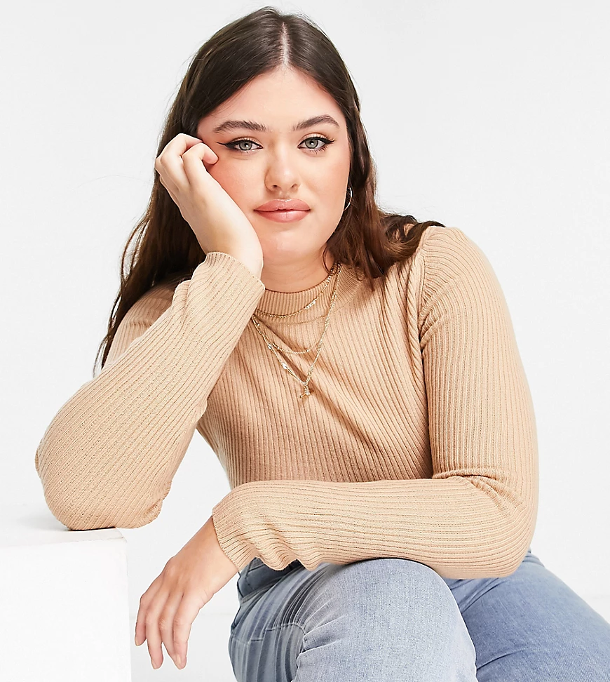 Brave Soul Plus – Rigby – Hochgeschlossener Pullover in Camel-Braun günstig online kaufen