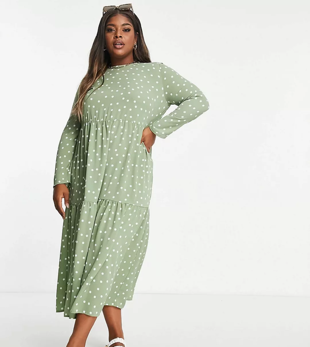 ASOS DESIGN Curve – Gestuftes, langärmliges Midi-Hängerkleid in Salbeigrün günstig online kaufen