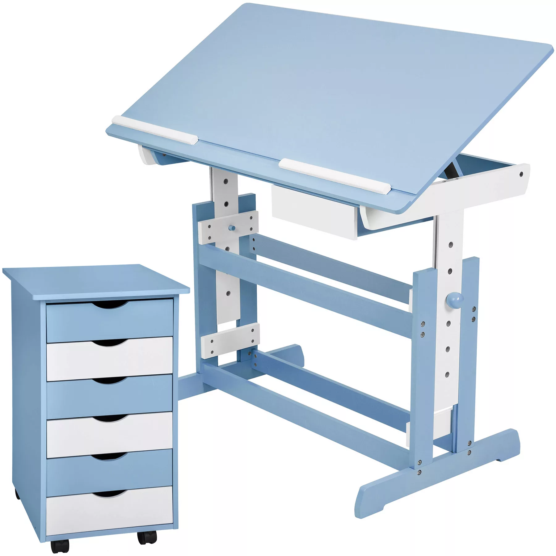 Schreibtisch höhenverstellbar und Rollcontainer - blau günstig online kaufen