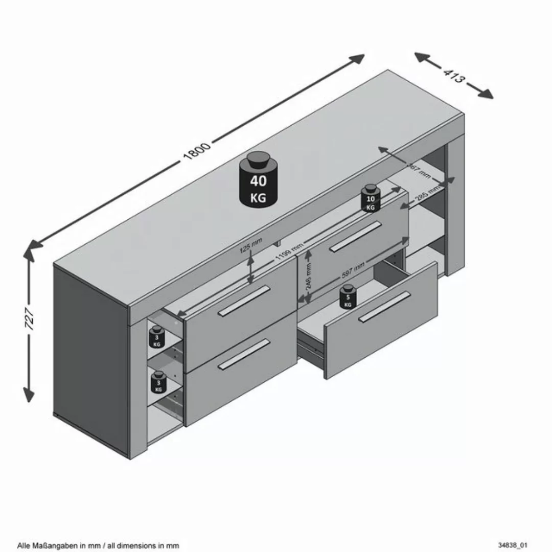 FMD Möbel TV-Schrank in weiß Edelglanz-hochlanz weiß - 180x72,7x41,3cm (BxH günstig online kaufen