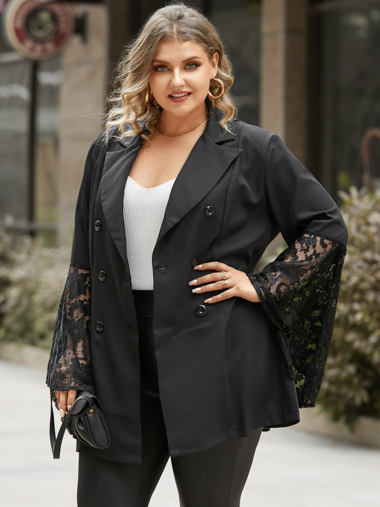 Plus Size Kerbe Kragen Patchwork Knopf Design Spitze Lange Ärmel Blazer günstig online kaufen