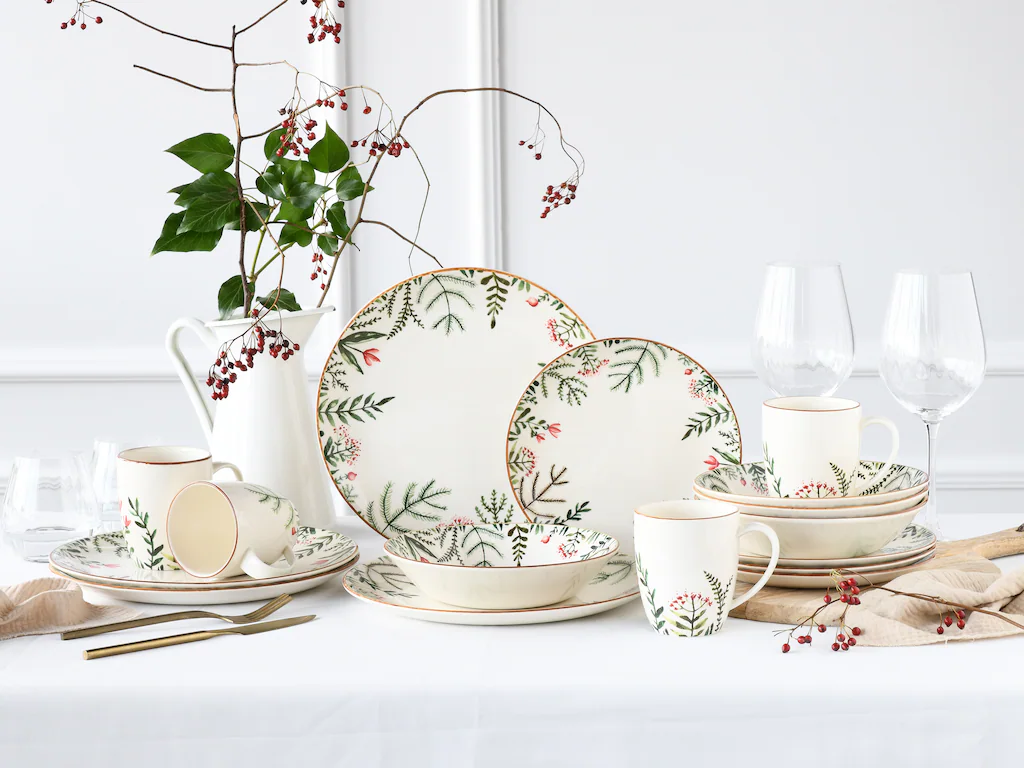 CreaTable Kombiservice Greenery Leaves weiß Steingut 16 tlg. günstig online kaufen