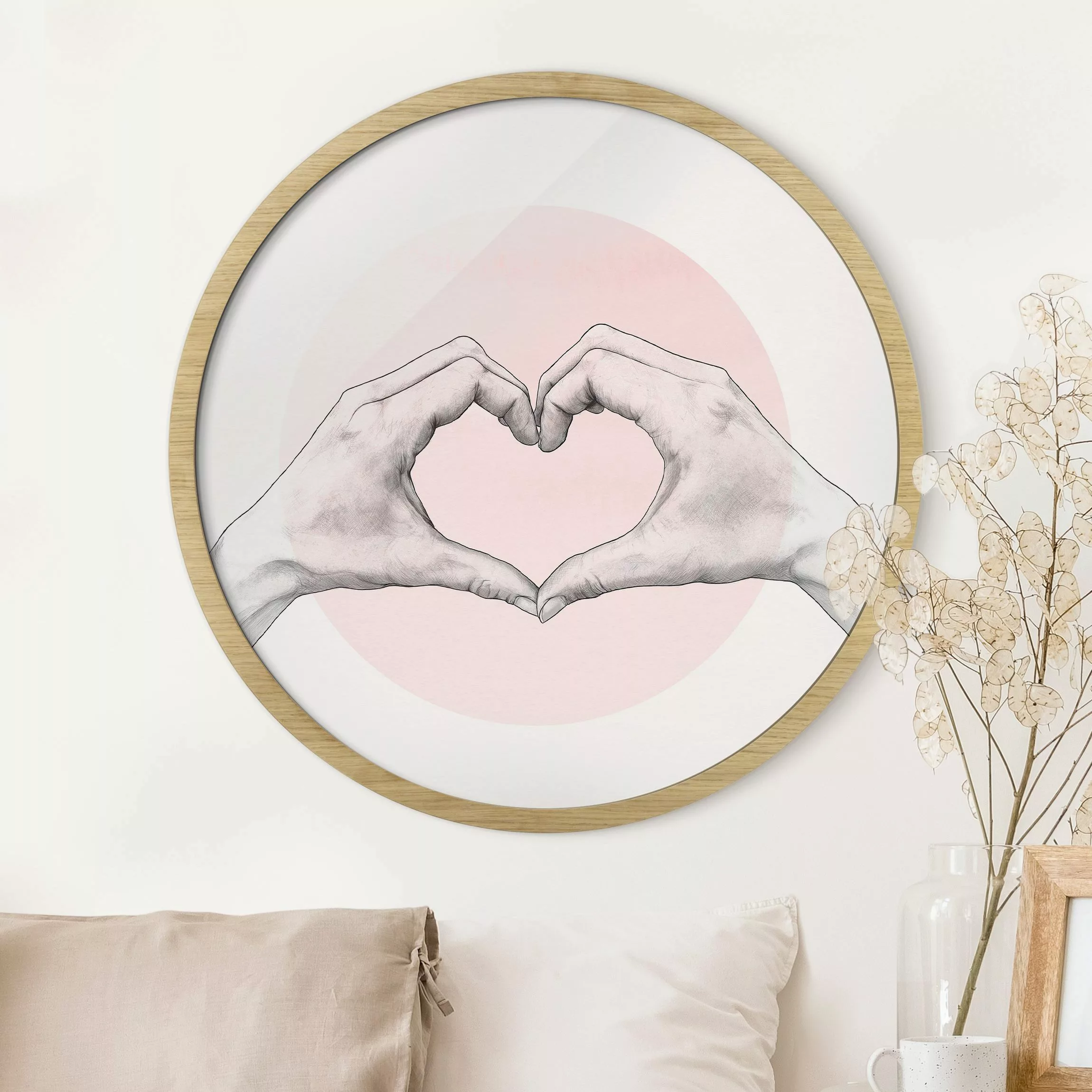 Rundes Gerahmtes Bild Illustration Herz Hände Kreis Rosa Weiß günstig online kaufen