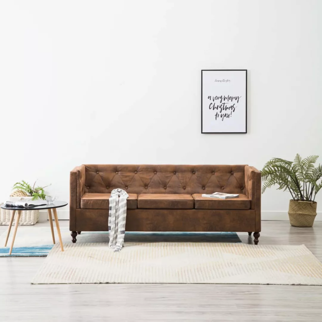 Chesterfield-sofa 3-sitzer Stoffpolsterung Braun Wildlederoptik günstig online kaufen