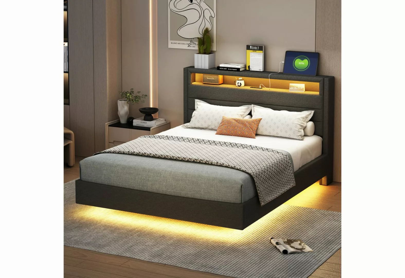 NMonet Polsterbett LED Doppelbett, mit USB-Laden und Stauraum am Kopfteil, günstig online kaufen