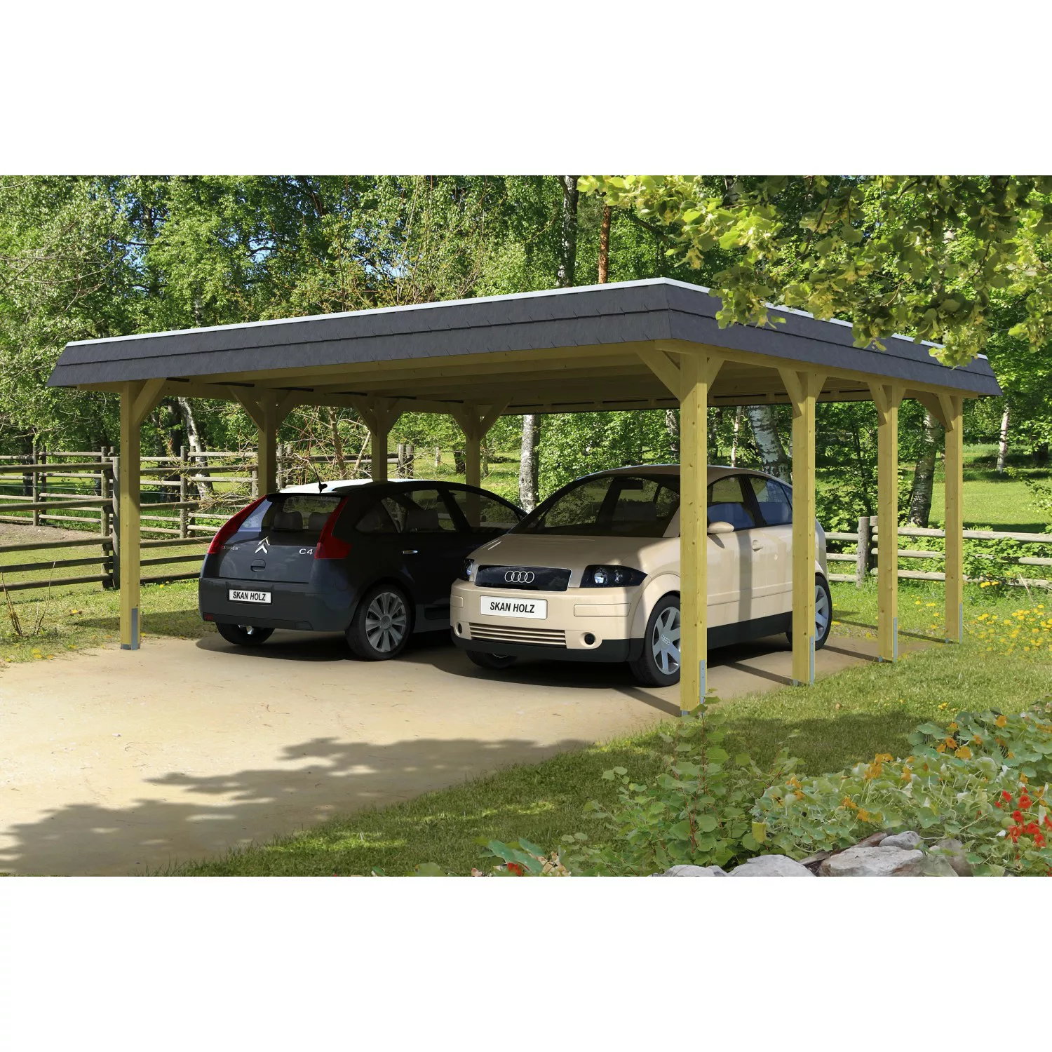 Skan Holz Carport Spreewald 585 cm x 589 cm schwarze Blende günstig online kaufen