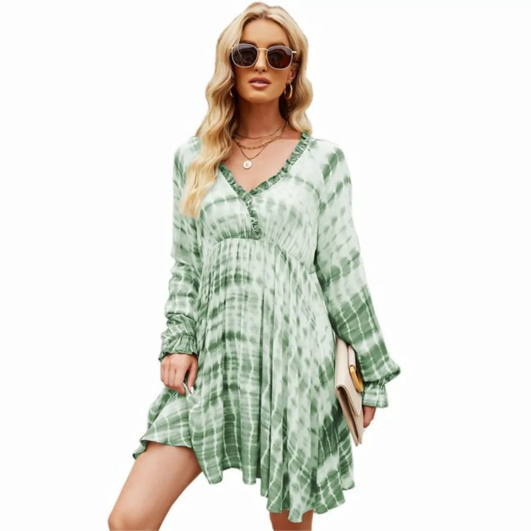 RUZU UG Dirndl Bedrucktes Kleid, gerüschtes Langarm-Modekleid (1-tlg) günstig online kaufen