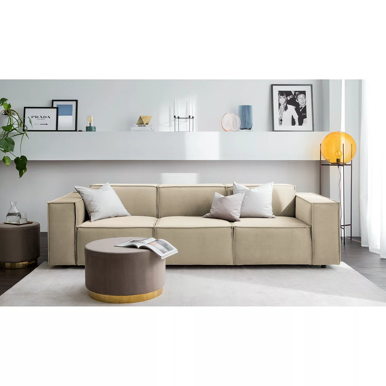 home24 Sofa Kinx II 3-Sitzer Dunkelblau Samt 260x71x96 cm (BxHxT) Glamour günstig online kaufen
