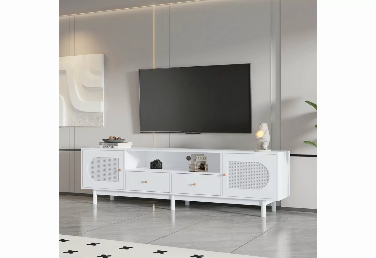 autolock TV-Schrank TV-Ständer aus weißem Rattan für 80-Zoll-Fernseher, 2 T günstig online kaufen