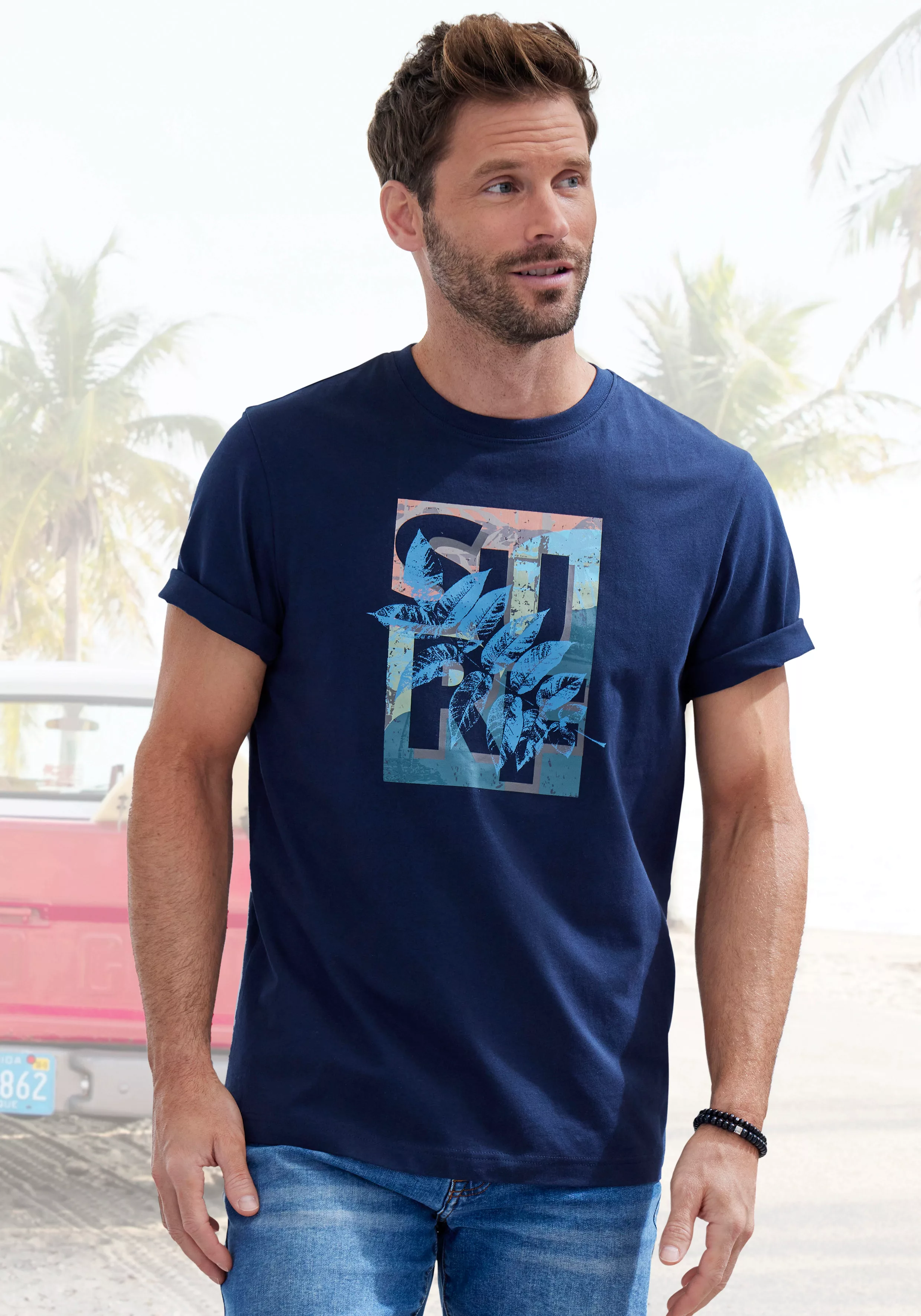 John Devin T-Shirt Rundhalsshirt mit Surf -Aufdruck aus reiner Baumwolle günstig online kaufen