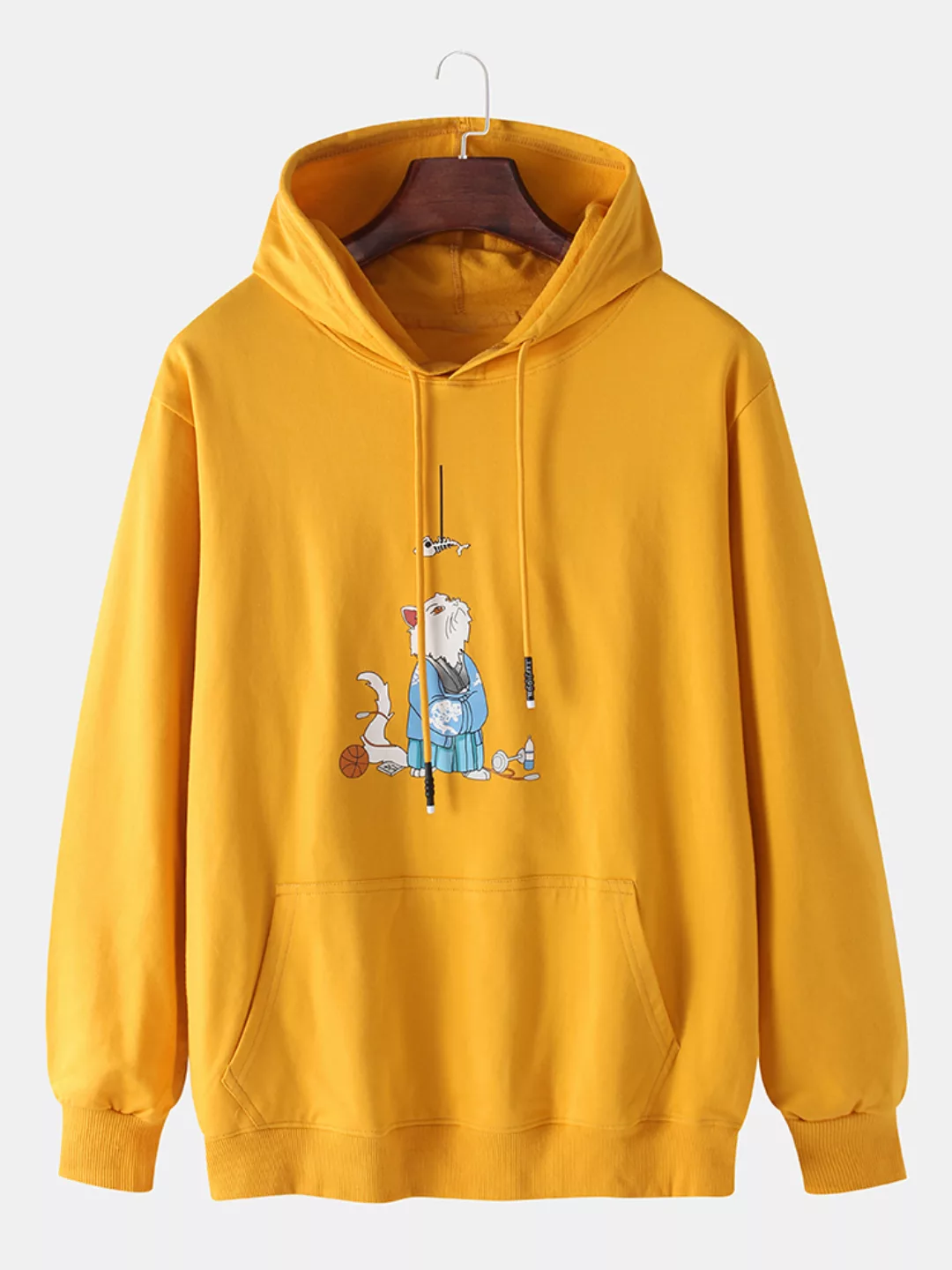 Herren Baumwolle Cartoon Katze Print Einfarbige Kordelzug Hoodies Mit Muffe günstig online kaufen