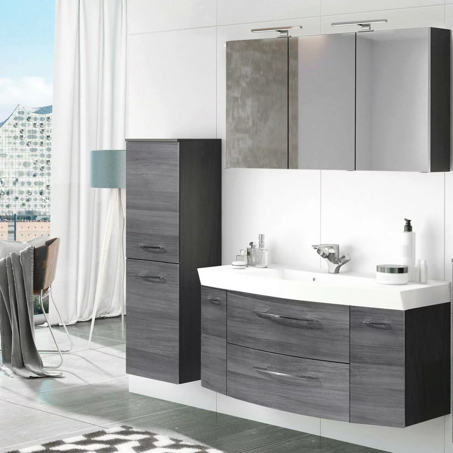 Badmöbel Waschplatz Set 3-tlg mit 120cm Waschtisch & Spiegelschrank FLORIDO günstig online kaufen