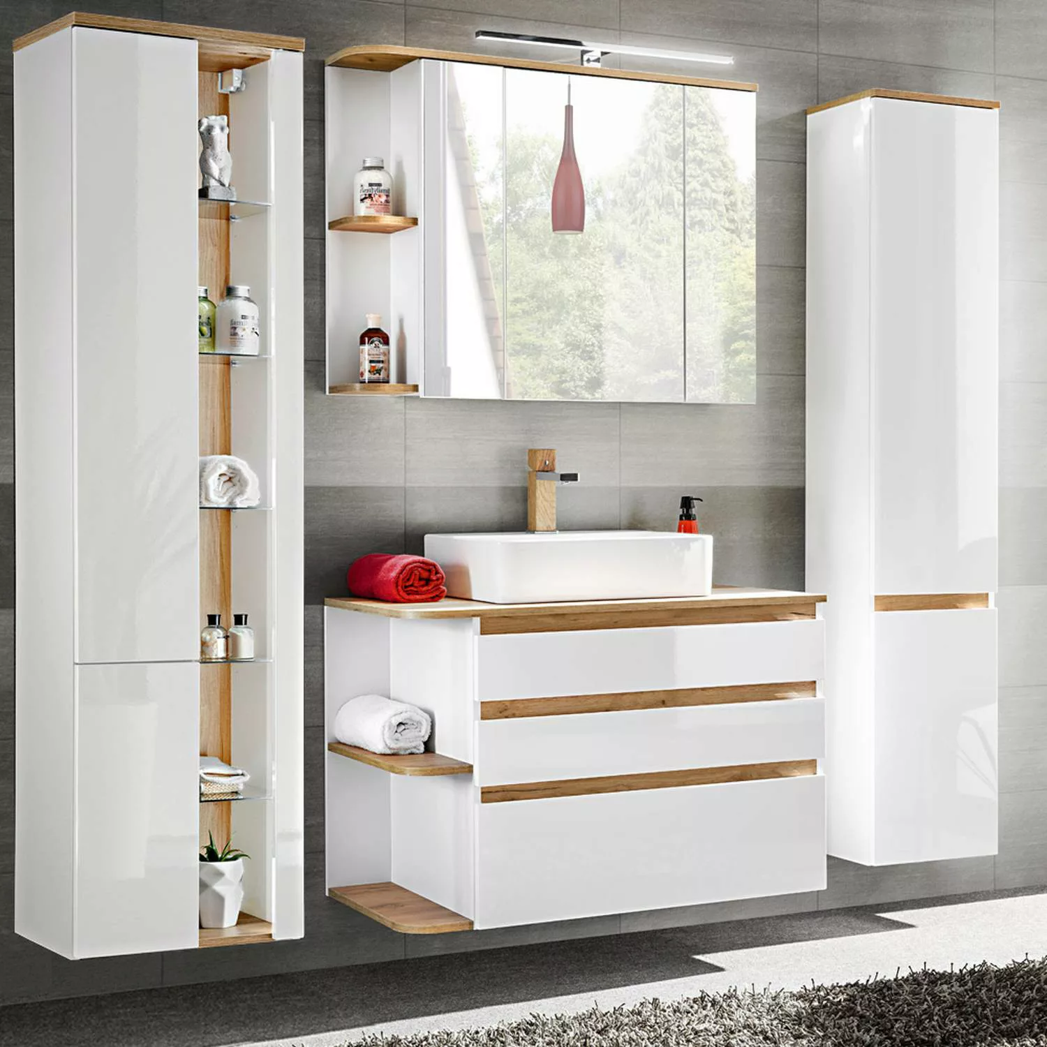 Badezimmermöbel Set mit Keramik-Waschtisch CAMPOS-56, Hochglanz weiß mit Wo günstig online kaufen