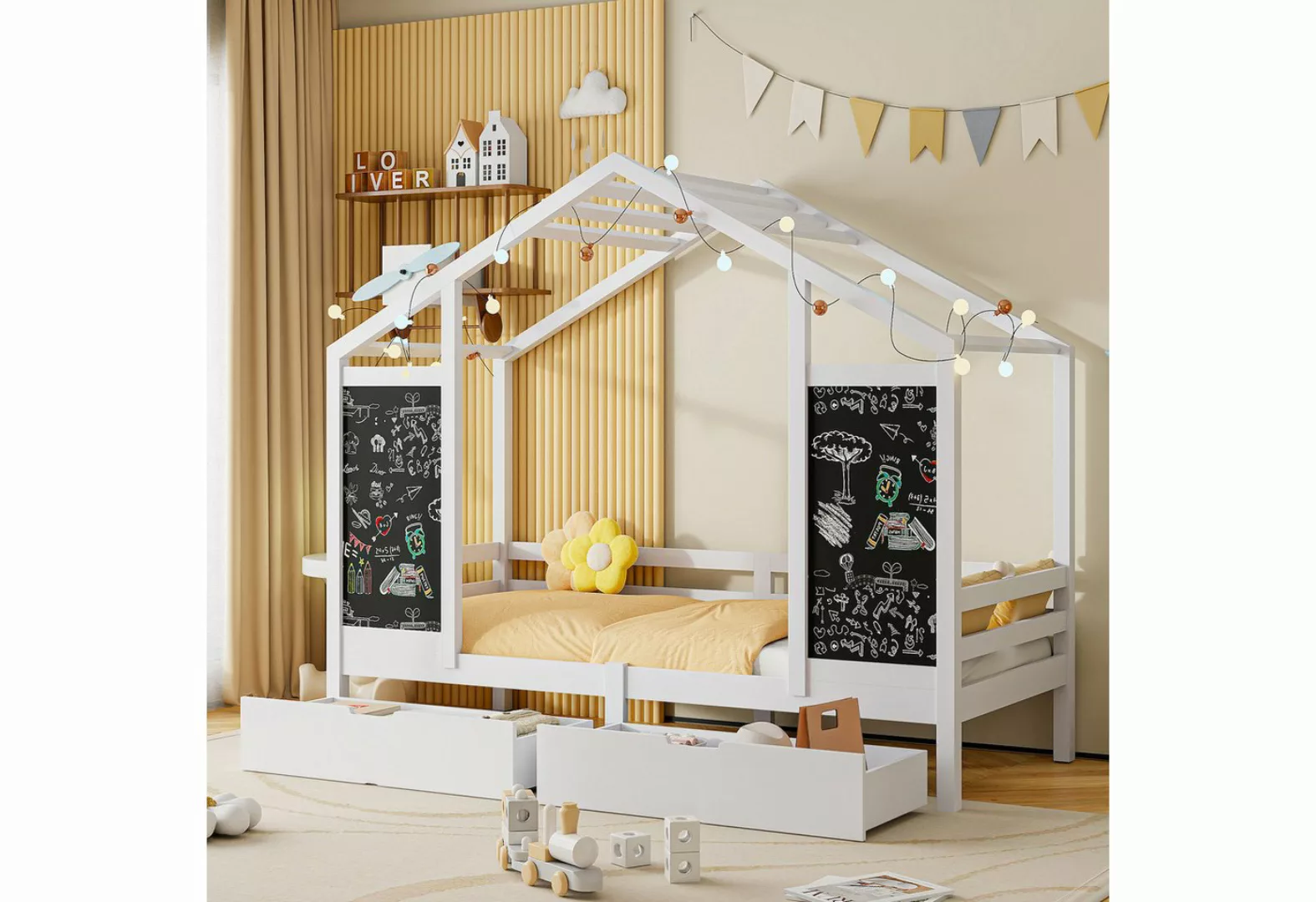 FUROKOY Spielbett Hausbett Kinderbett 90x200cm, Bett aus Kiefernholz (mit 2 günstig online kaufen