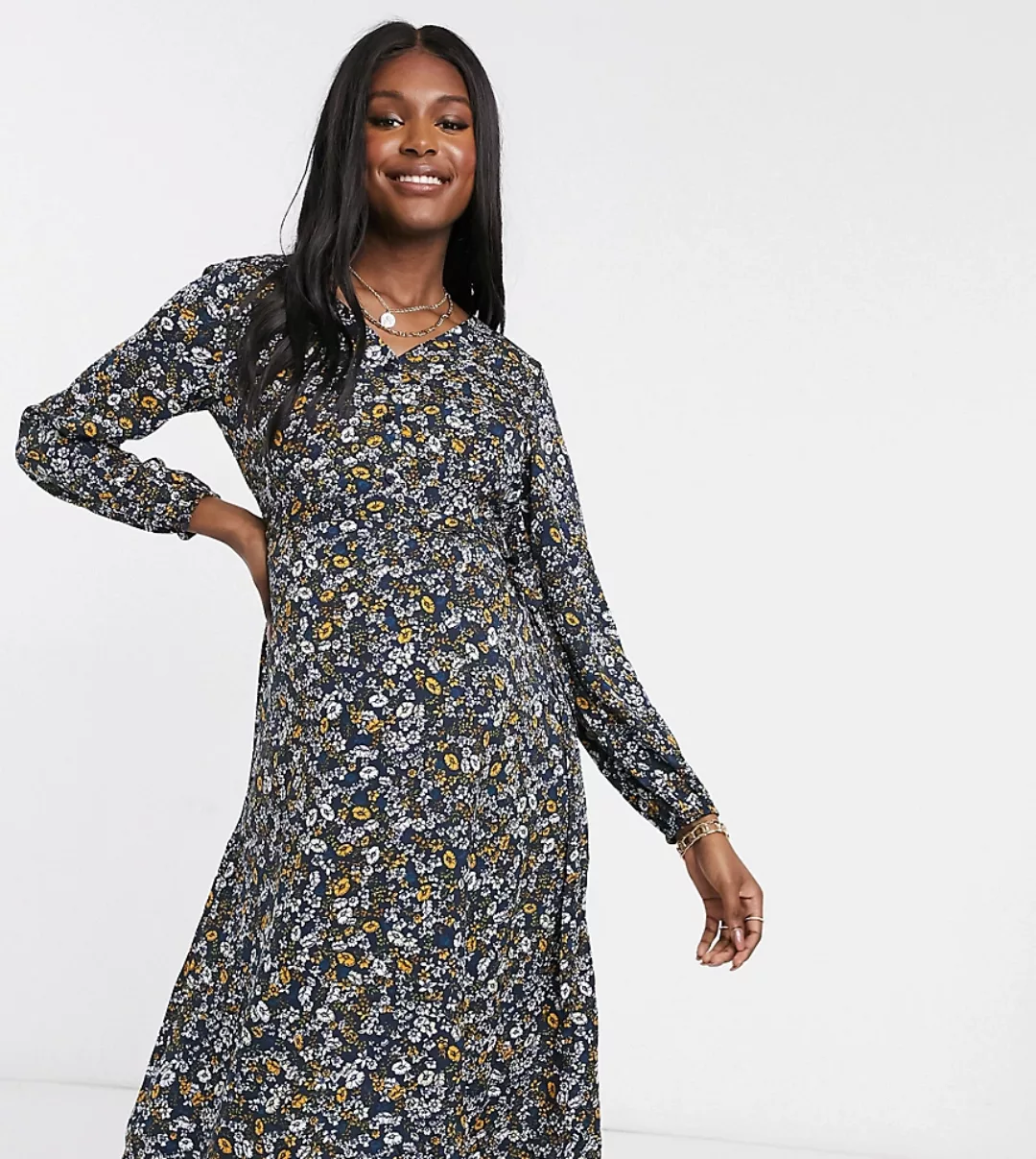 Mamalicious Maternity – Midi-Freizeitkleid mit schwarzem Ditsey-Blumenmuste günstig online kaufen