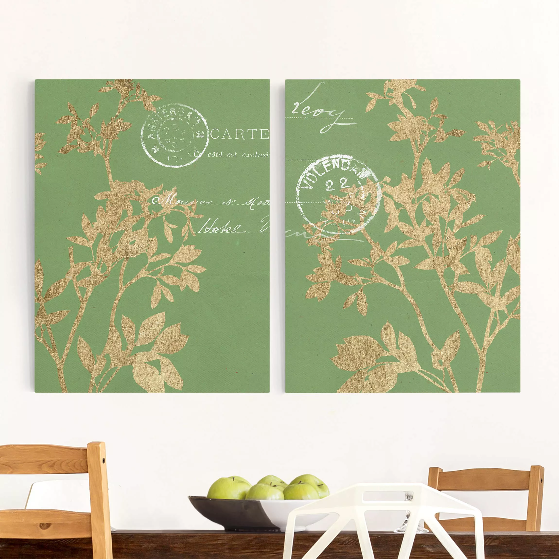 2-teiliges Leinwandbild Spruch - Hochformat Goldene Blätter auf Lind Set I günstig online kaufen