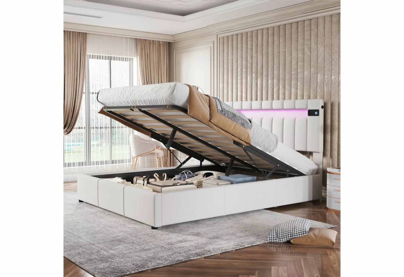 MODFU Bett Doppelbett Jugendbett, Bett mit LED-Lichtleiste 140x200 (hydraul günstig online kaufen