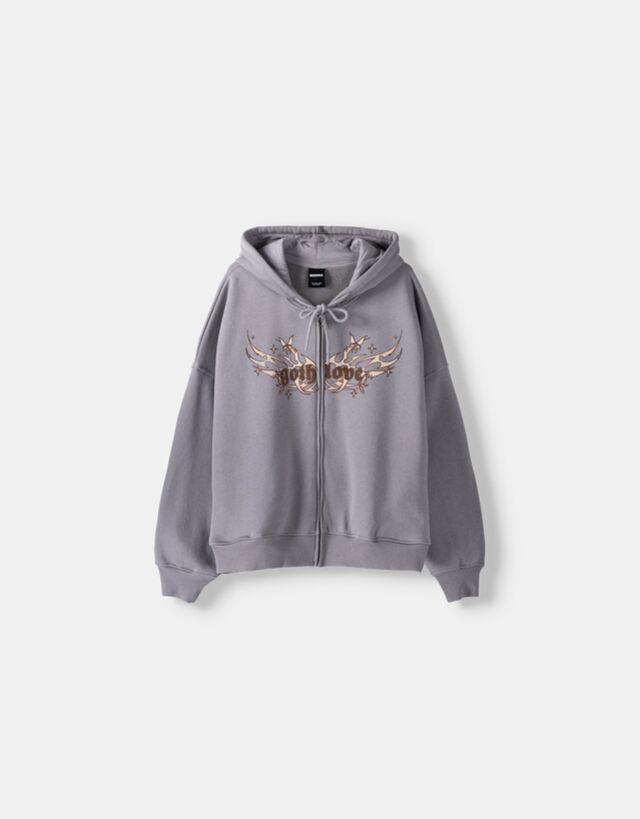 Bershka Hoodie Mit Print Und Reißverschluss Bskteen L Dunkelgrau günstig online kaufen