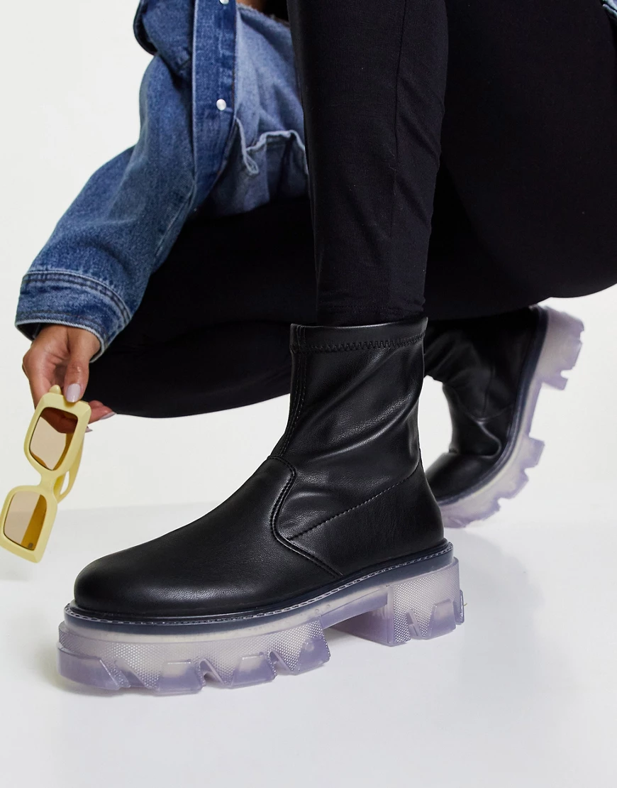 Topshop – Kendall – Elastische Stiefel in Schwarz mit dicker, transparenter günstig online kaufen