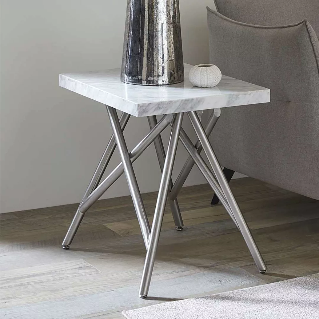 Beitisch mit weißer Marmorplatte Vierfußgestell aus Edelstahl günstig online kaufen