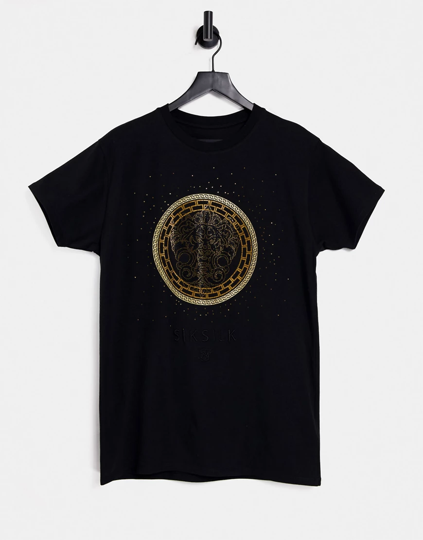 SikSilk – T-Shirt mit strassverziertem Löwen-Detail in Schwarz günstig online kaufen