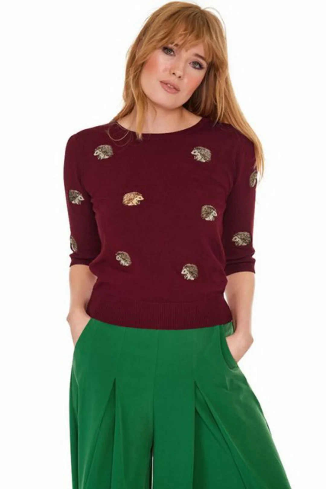 Voodoo Vixen Kurzarmpullover Hedgehog Igel Retro Vintage Sweater Burgunder günstig online kaufen