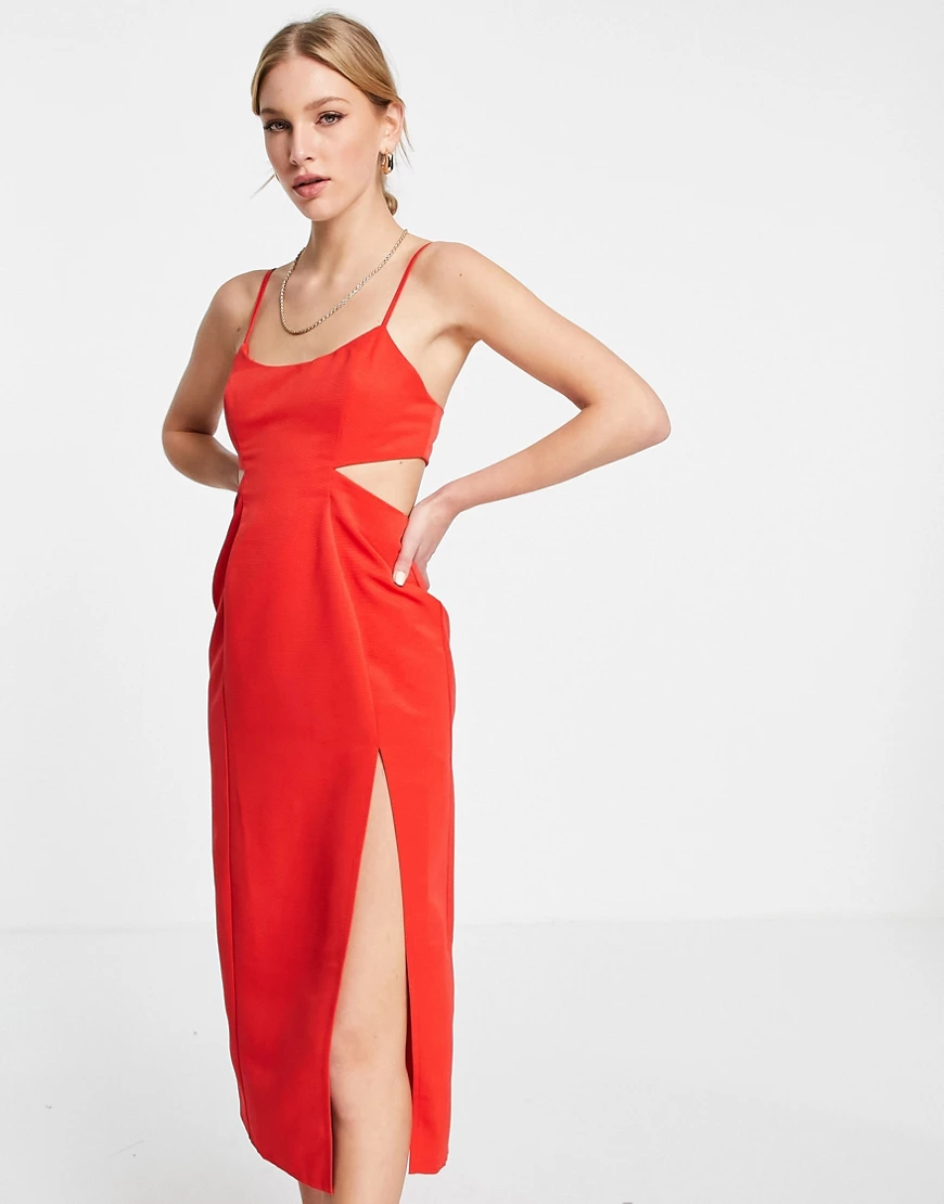 ASOS DESIGN – Strukturiertes Midikleid in Rot mit seitlichem Zierausschnitt günstig online kaufen